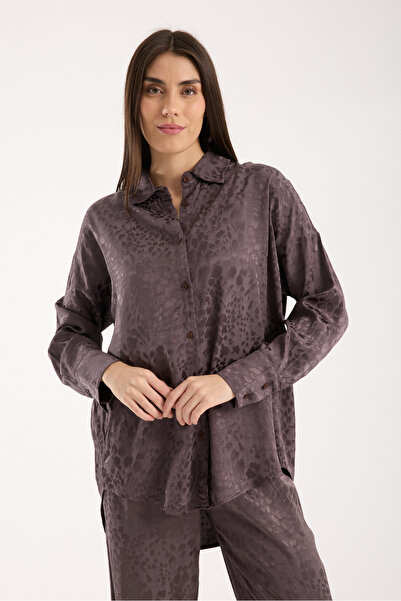 DeChival Women's Printed and Textured Shirt - Loose Long Shirt