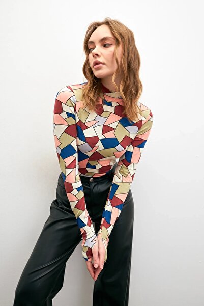 Yefrastore Women's Pastel Color Piece Patterned Finger Detailed Bodysuit