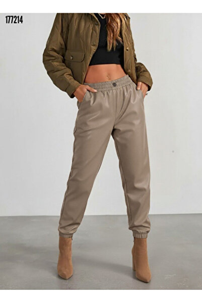moda wanilia High Waist Stretchy Waistband Button Detail Leather Pants