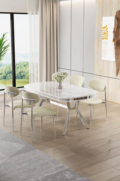 Canisa Olya Serisi 90x168 Lak Panel Beyaz Mermer Desen Masa Takımı Krom Ayakl...