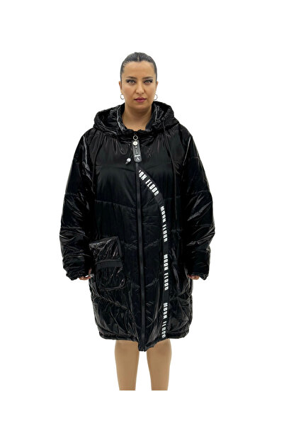AY-SEL Plus Size Hooded Women's Shiny Zipper Puffer Coat