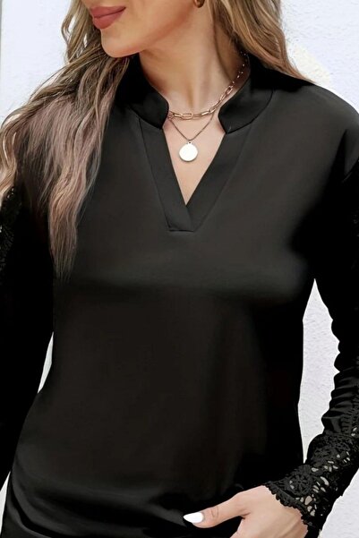 Mossta Hakim Collar Lace Sleeves Imported Crepe Blouse - Black