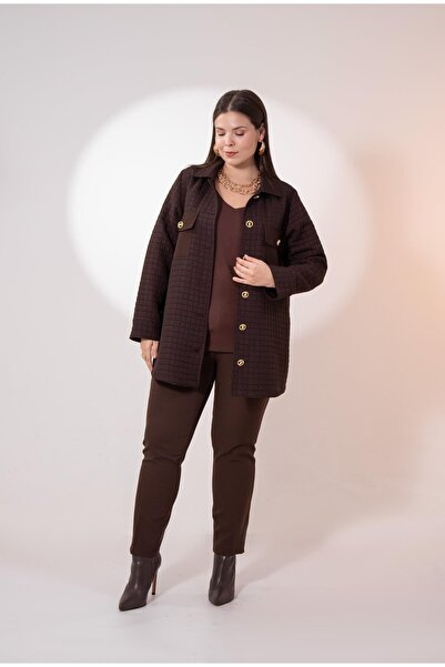 Roxxlen 3330725 Μπουφάν με κουμπιά μεγάλου μεγέθους με καπιτονέ καφέ