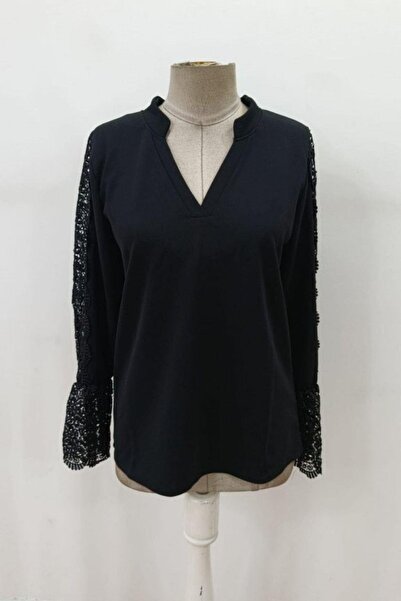 Mossta Hakim Collar Lace Sleeves Imported Crepe Blouse - Black