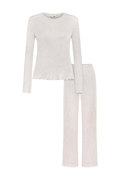 Jaya Yuvarlak Yaka Uzun Kollu Pijama Takımı / Bej melanj
