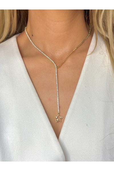 YOUES JEWELRY Çelik Zirkon Taşlı Su Yolu Y Kadın Kolye GOLD 14K RENK