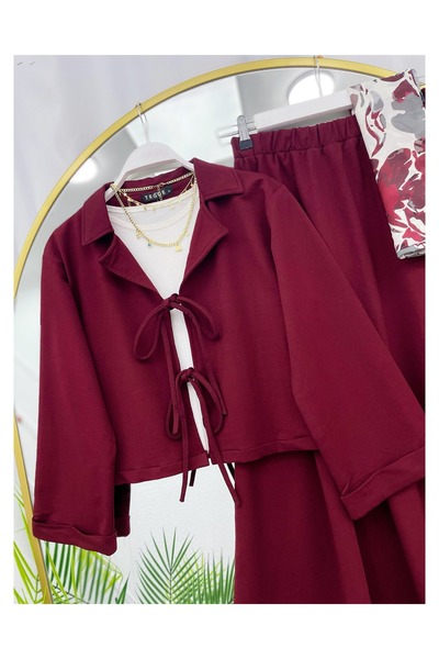 YEDİLALE Combed Cotton Jacket Skirt Dual-Piece Set with Front Tie Collar [Unlined, Jacket and Skirt Are Included in the Price.]