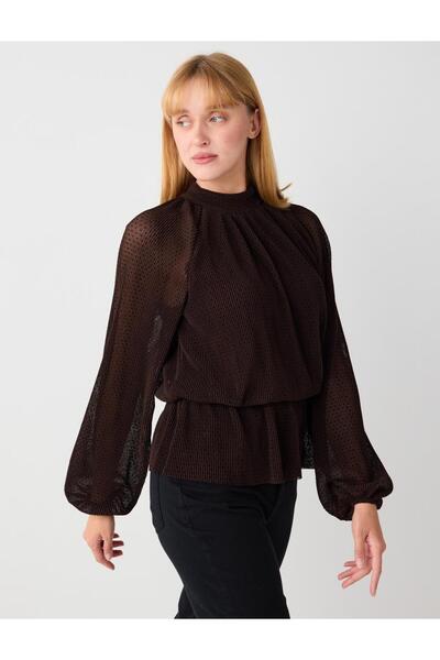 Jimmy Key Πλεκτή μπλούζα με διχτυωτό σχέδιο ψηλός λαιμός σε πικρό καφέ χρώμα