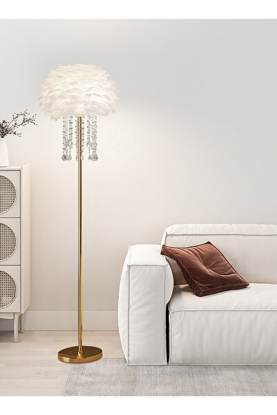 Zeno Modern Feather Crystal Floor Lamp, Gold Iron, 3-Color Dimming, Foot Switch, 1.4m, Living Room