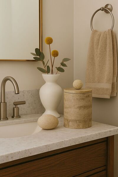 Modestmar Natural Travertine Trash Can - Travertine Sphere Object