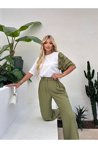 OLSAMODA Women's Sleeve-Detail T-Shirt Woven Casual Pants Double Set