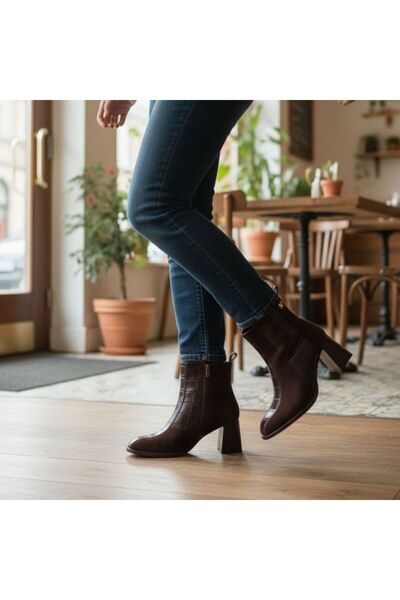 NE&VE SHOES Καφέ σουέντ γνήσιο δέρμα κροκόδειλου συνδυασμός υφασμάτων Γυναικείες μπότες με χοντρό τακούνι, κομψές και άνετες