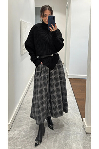 My Blog Anthracite-Grey Plaid Skirt with Leather Strips on the Waist - 4977