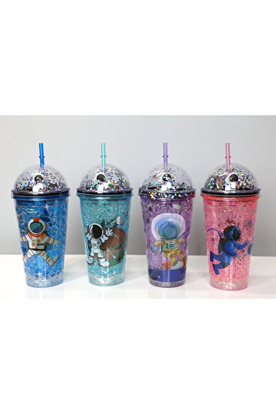 HAYAT STORE Cute Astronaut Lighted Straw Sequin Water Bottle & Cup 400 ml Alk3148