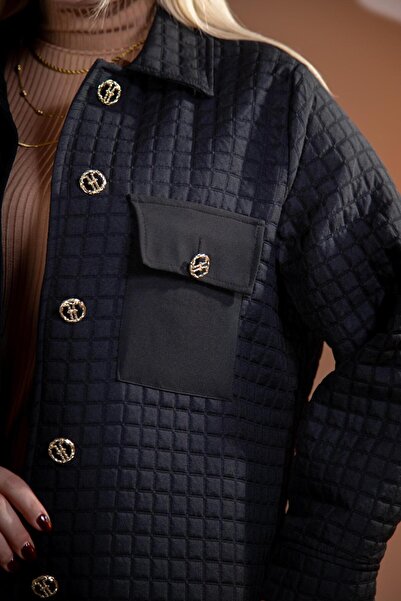 Roxxlen 3330725 Μπουφάν με κουμπιά μεγάλου μεγέθους με καπιτονέ μαύρο