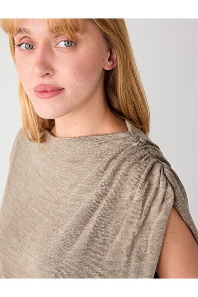 Jimmy Key Μπεζ μελανζέ φόρεμα μίντι πλεκτό με λαιμόκοψη και κορδόνια που δεν αντικαταστάθηκε