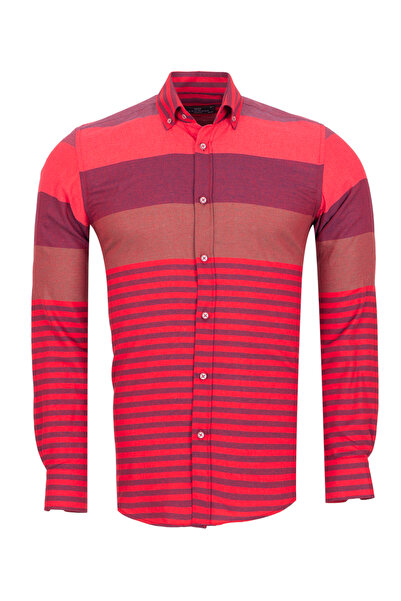 MAKROM Men's Color Block Striped Woven Shirt – Red Burgundy