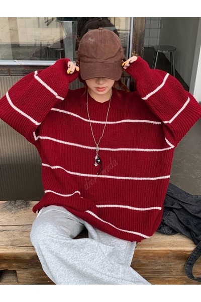 Dier Moda Women's Thin Striped Crew Neck over Size Knitwear Sweater, Knitwear Sweater Fmoda1200