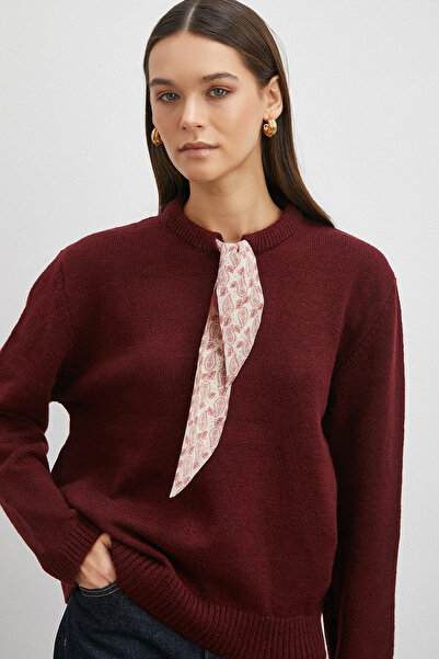 Never more Long Sleeve Sweater with Scarf Burgundy