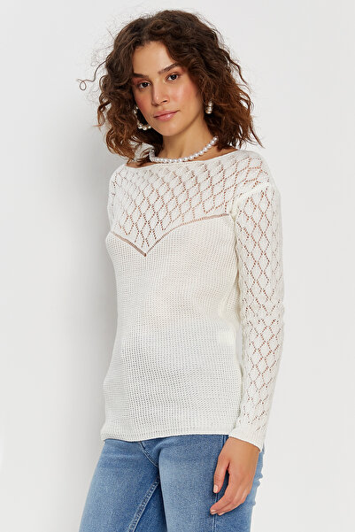 Hopoi Women's Open Collar Paneled Knitwear Sweater