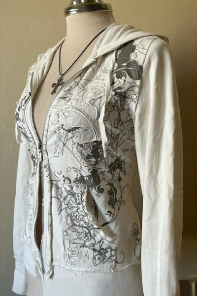 Karakedi White Gothic Flower Pattern Y2K Crop Cardigan