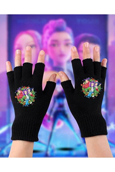 Touz Moda Kpop Demon Hunters Printed Unisex Black Cut Double Gloves