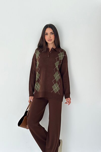 Noi Belis Baklava Pattern Polo Neck Half Placket Button Knitwear Bottom-Top Set Aw25Au0038
