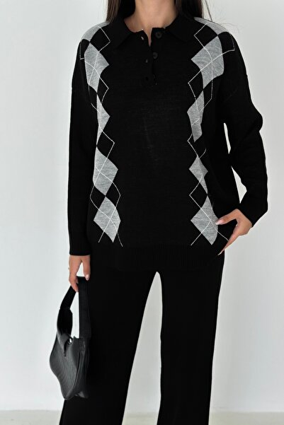 Noi Belis Baklava Pattern Polo Neck Half Placket Button Knitwear Bottom-Top Set Aw25Au0038