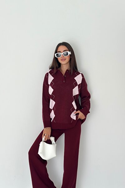Noi Belis Baklava Pattern Polo Neck Half Placket Button Knitwear Bottom-Top Set Aw25Au0038
