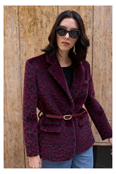 My Blog Burgundy Belted Leopard Plush Jacket - 9614