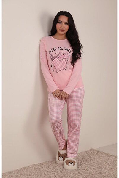 Niket Life Women's Sleep Routines Six Patterned Interlock Crew Neck Long Sleeve Six Long Pajama Set