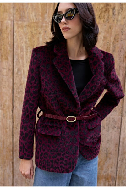 My Blog Burgundy Belted Leopard Plush Jacket - 9614