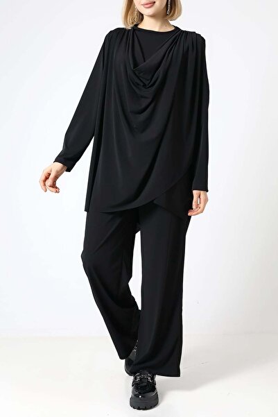 Sabr Sandy Draped Asymmetric Tunic & Pants Two-Piece Set – Elegant Everyday Chic