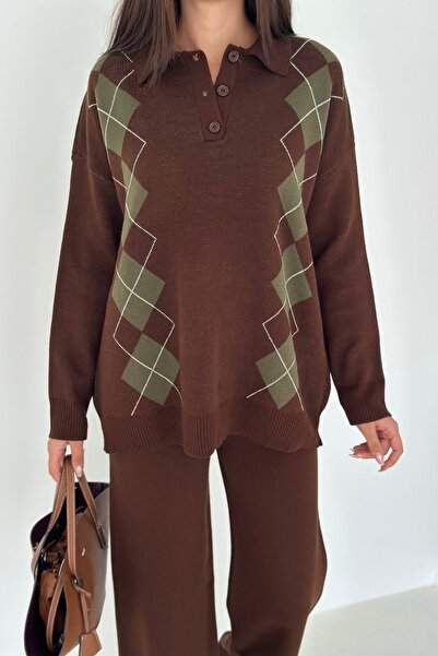 Noi Belis Baklava Pattern Polo Neck Half Placket Button Knitwear Bottom-Top Set Aw25Au0038