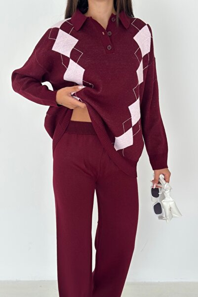 Noi Belis Baklava Pattern Polo Neck Half Placket Button Knitwear Bottom-Top Set Aw25Au0038