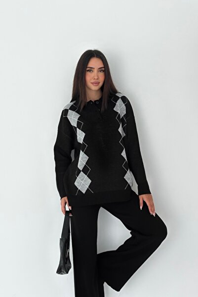 Noi Belis Baklava Pattern Polo Neck Half Placket Button Knitwear Bottom-Top Set Aw25Au0038