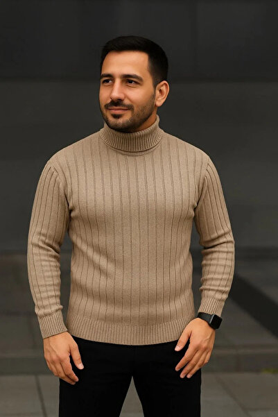 HAZEGO Men's Corded Fabric Knitwear Sweater Set of 3 Beige Khaki Black Regular Turtleneck Full-Throated Knitwear Set Model