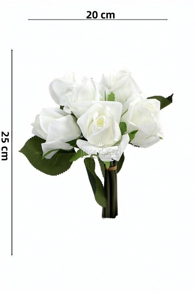 Yapay Çiçek Deposu Artificial Premium 6-Piece Wet Gonca Rose Bouquet 25 cm White