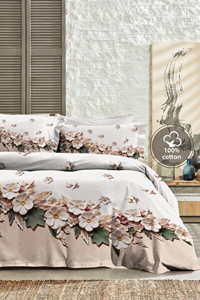 MonoHome 100% Cotton Ranforce Çeyizlik Luxury 5D Digital Double Duvet Cover Set Mimosa