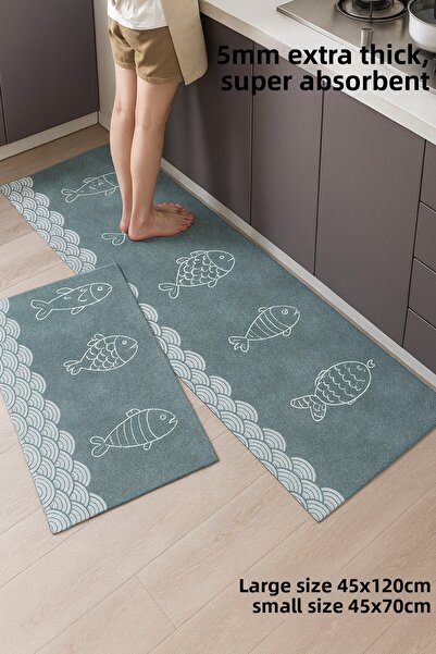 Destpak 2 Pcs Water Absorbent Mat Set - 45X120 and 45X70 cm - 5mm Thickness Extra Water Absorbent Bathroom Kitchen Mat