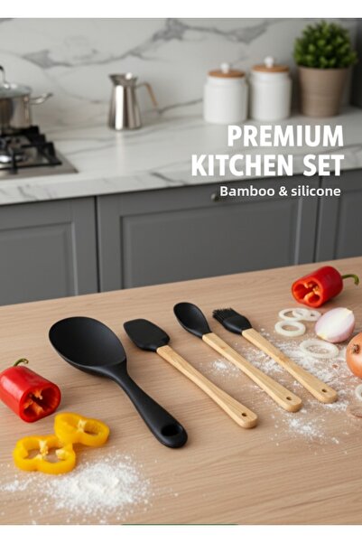 TARIK HOME Bamboo Silicone 4-Piece Spoon Set 21 Cm. Kitchen Set.