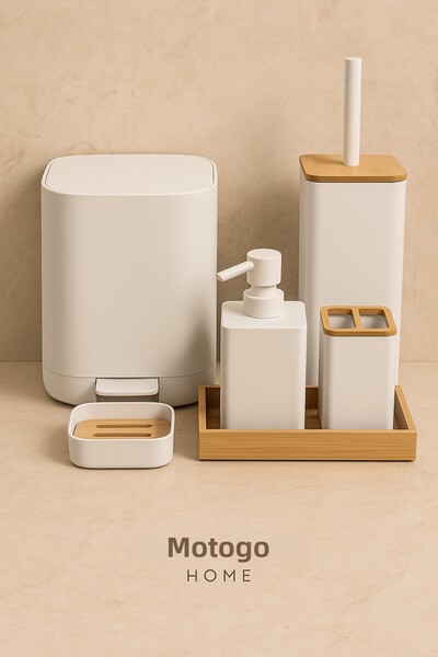 Mottogo طقم حمام عصري مكون من 6 قطع – لون إكرو غير لامع مع تفاصيل من الخيزران