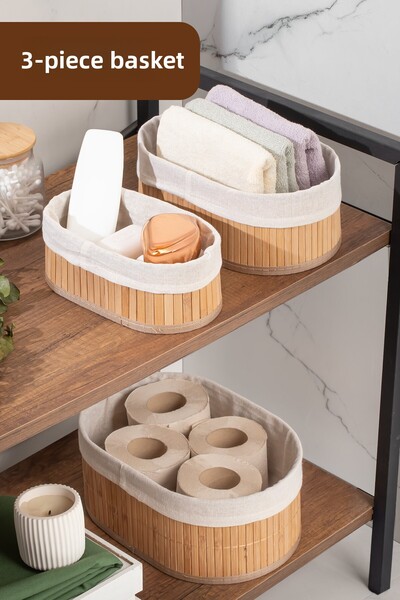 Porsima 2082 Coș oval Pinterest din 3 piese, set de coșuri din bambus, organizator decorativ pentru baie și bucătărie