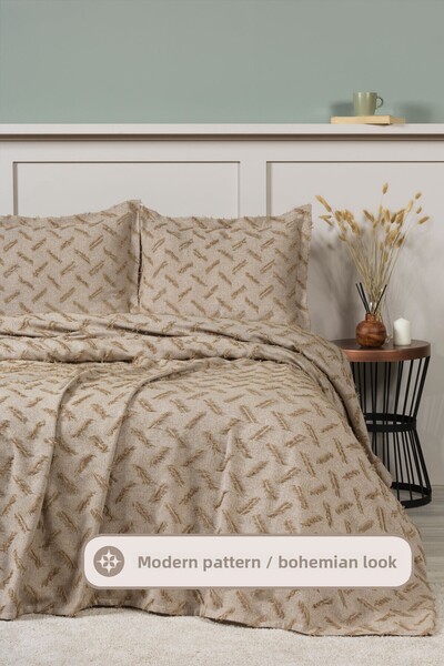 Elart Liya Bedspread Set Double Size Cotton Nordic Tufted 3 Pieces (230X250 cm) Beige