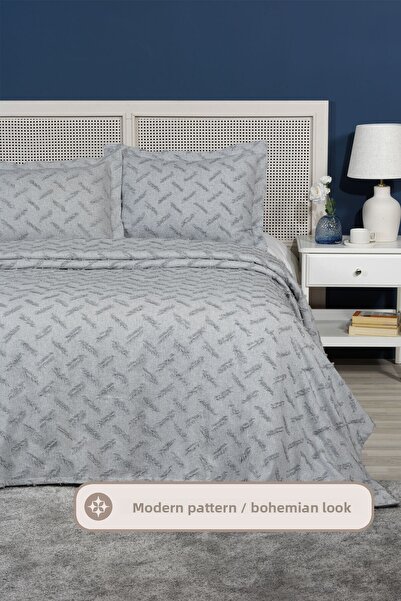 Elart Liya Bedspread Set Double Size Cotton Nordic Tufted 3 Pieces (230X250 cm) Gray