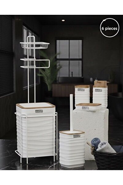 Okyanus Home Λευκή Ξύλινη θήκη χαρτιού με κυματιστό σχέδιο με ανταλλακτικό και σετ μπάνιου 6 τεμαχίων