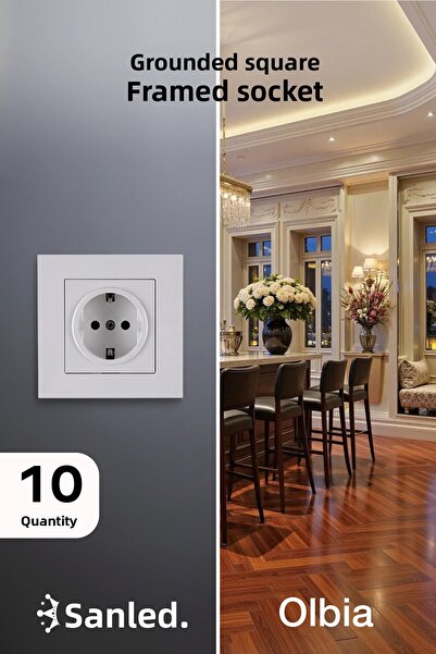 Olbia مقبس كهربائي أبيض بإطار كارين مع تأريض 10 قطع