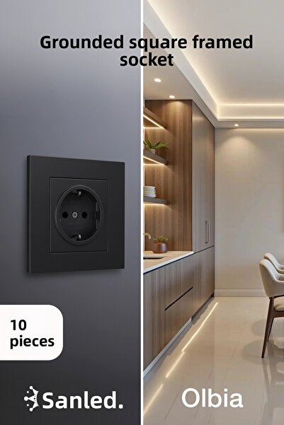 Olbia مقبس كهربائي بإطار كارين أسود مع تأريض 10 قطع