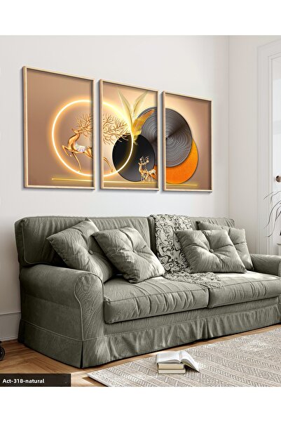 Evinemoda Gold Deer Round Patterns 3 Piece Unilluminated Wooden Framed Painting