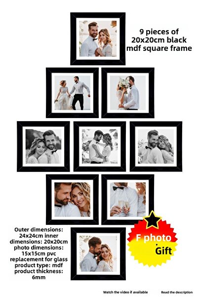yhfoto 9 Pieces 20x20 Frame - Black Frame - Square MDF Frame - Photo Frame Set
